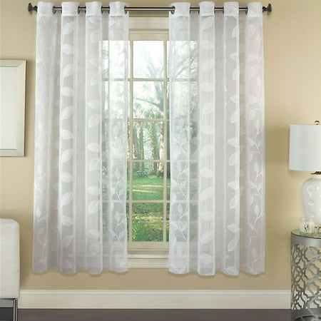 Linden Leaf - Avery Semi-Sheer Faux Linen Grommet Window Curtain Panel with Embroidered Leaf Pattern 53