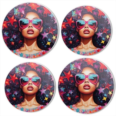 

BaHomeck Electric Stove Burner Covers Set of 4 Round Metal Gas Stove Burner Covers 8 Inch and 10 Inch Kitchen Decor African American Woman With Curly Hair Wearing Sunglasses