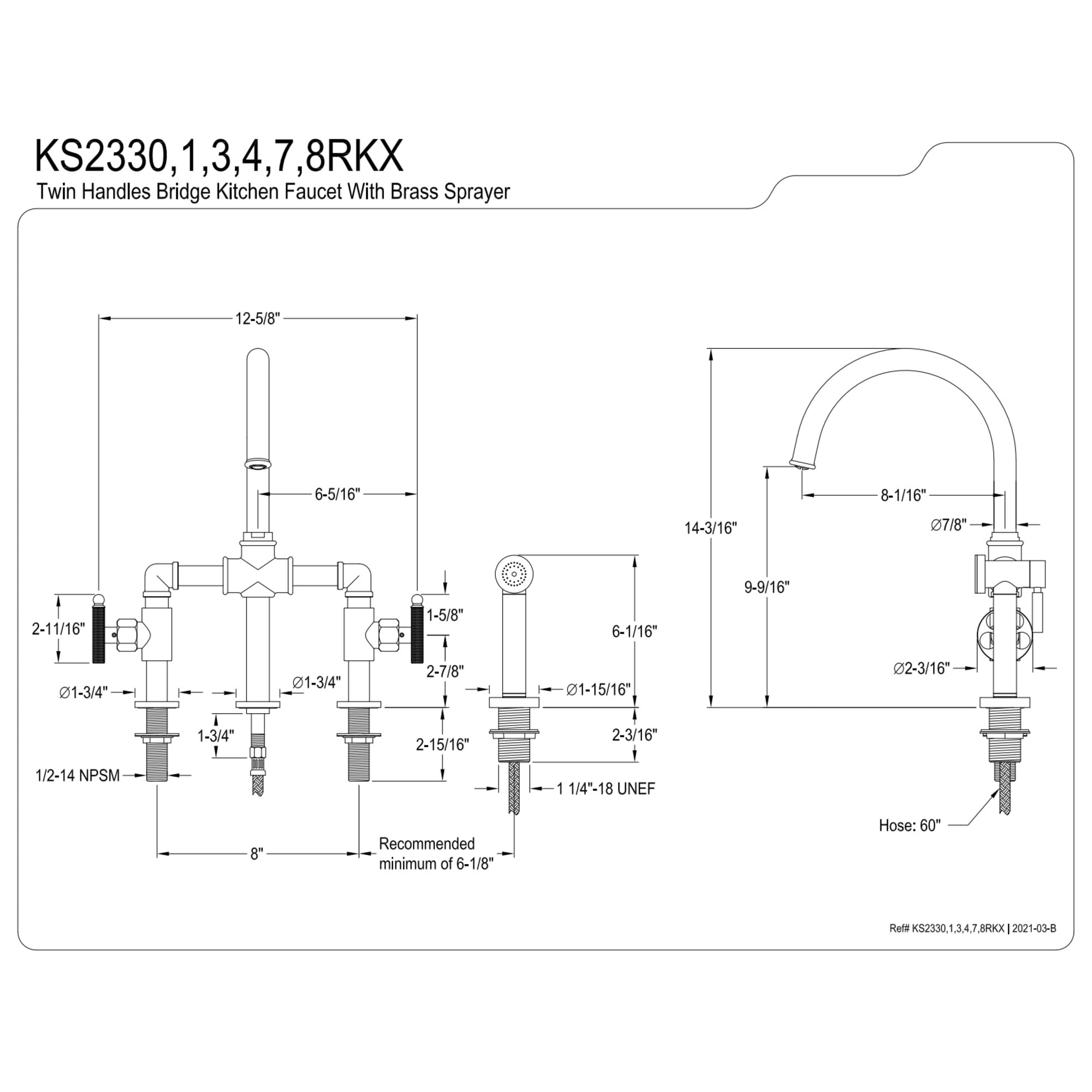 Kingston Brass KS2334RKX Webb Two-Handle 4-Hole Deck Mount Bridge Kitchen Faucet with Knurled Handle and Brass Side Sprayer in Black Stainless