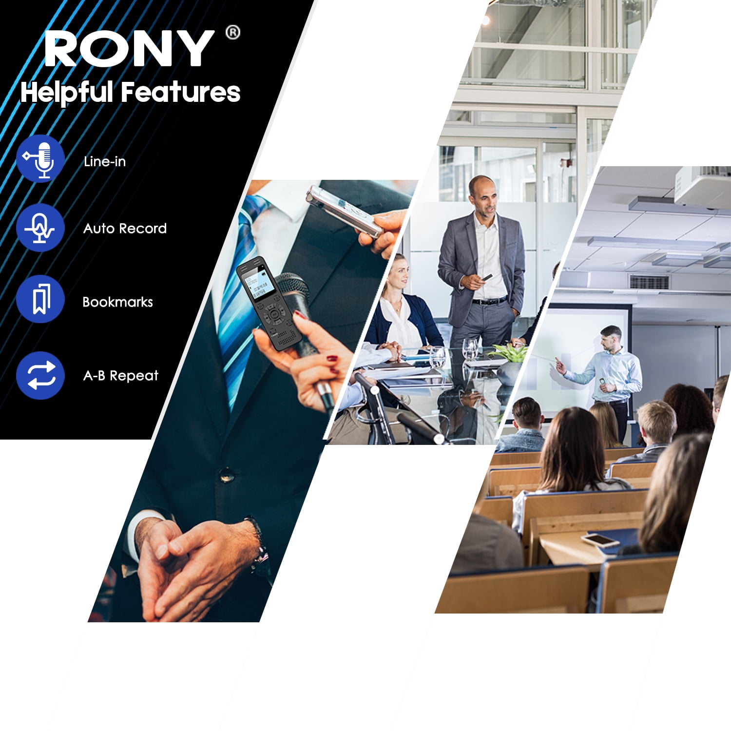 RONY 64GB Digital Voice Recorder: 2324 Hours Voice Activated Recording Device USB Charge with Playback for Lectures Meetings