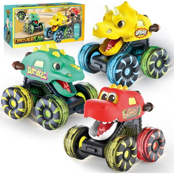 3 Pack Light Up Dinosaur Monster Truck Toys for Kids Boys