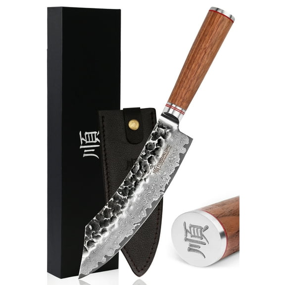 YOUSUNLONG 8-Inch Wooden Handle Butcher Knife - Japanese Damascus Steel Core with Leather Sheath