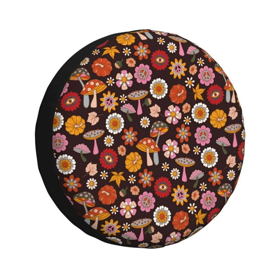 Fuzoiu 70s Groovy Hippie Retro Print Universal Spare Tire Cover with Buckle Strap, Waterproof Wheel Covers for Jeep, Trailer, RV, Truck and All Car-14 inch