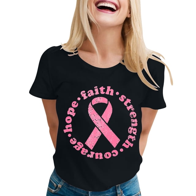T-shirt à Manches Courtes Imprimé Lettres Col Rond Cancer du Sein Décontracté à la Mode pour Femmes Taille 4
