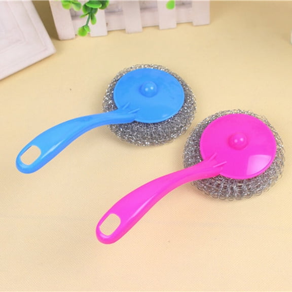 12PCS Metal Scouring Pads with Long Handle Utensil Scrubber Scourer Pot Brush Kitchen Hanging Cleaner Steel Ball Random Color