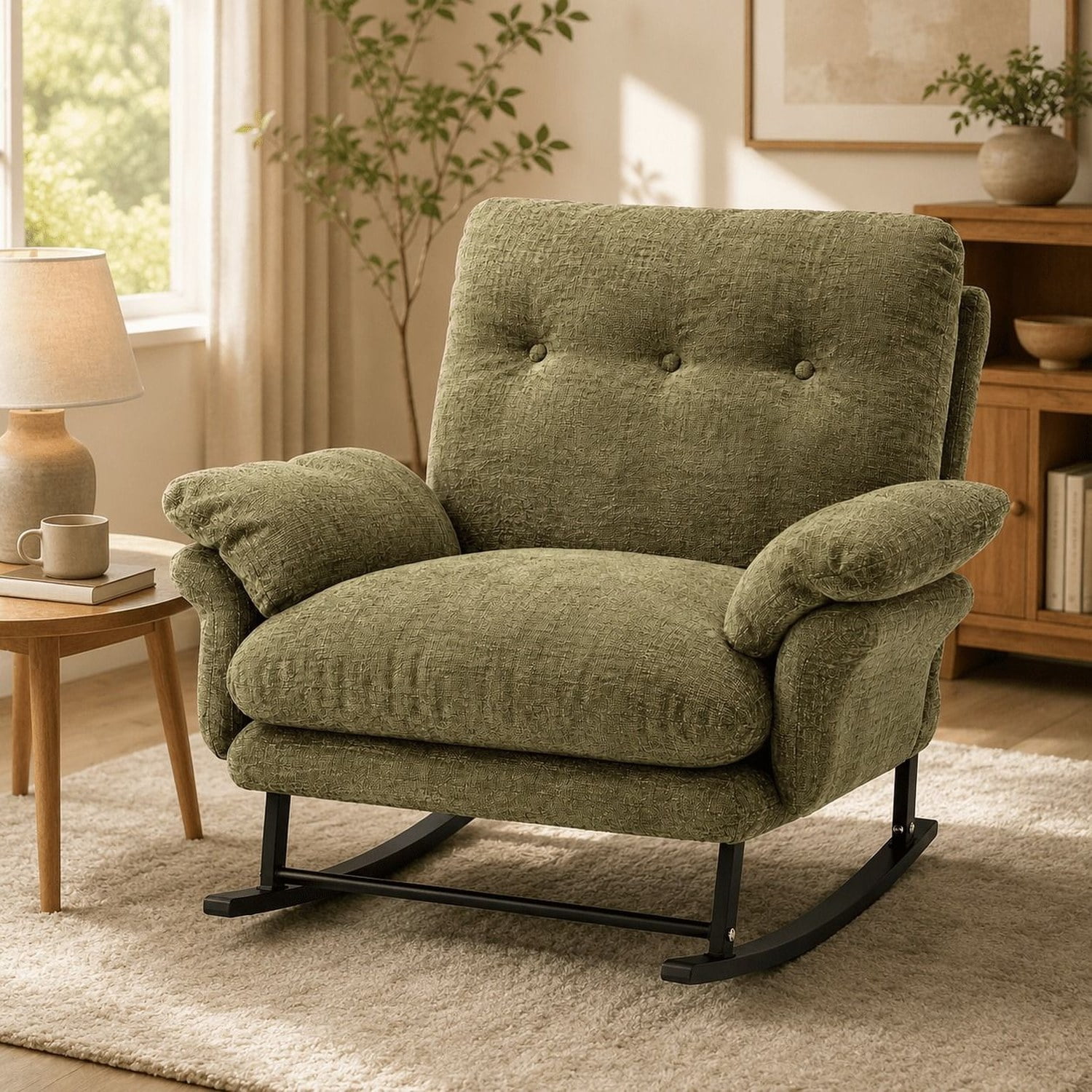 Papasan Rocking Chair with Thickened Cushion, Solid Wood Curved Rocking Base, Soft Corduroy Upholstery, Padded Armrests, Reading Lounge for Living Room, Bedroom, Nursery, Porch