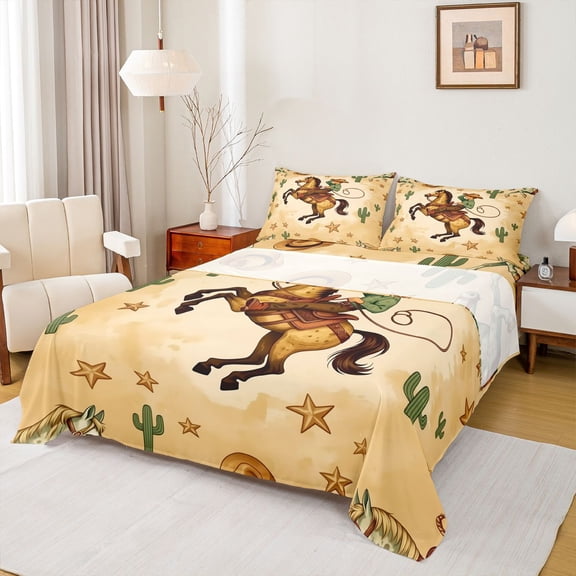 jejeloiu Cowboy Horse Pattern Full Size Sheets Kids,Dessert Botanical Cactus Bed Sheets For Men,4pcs