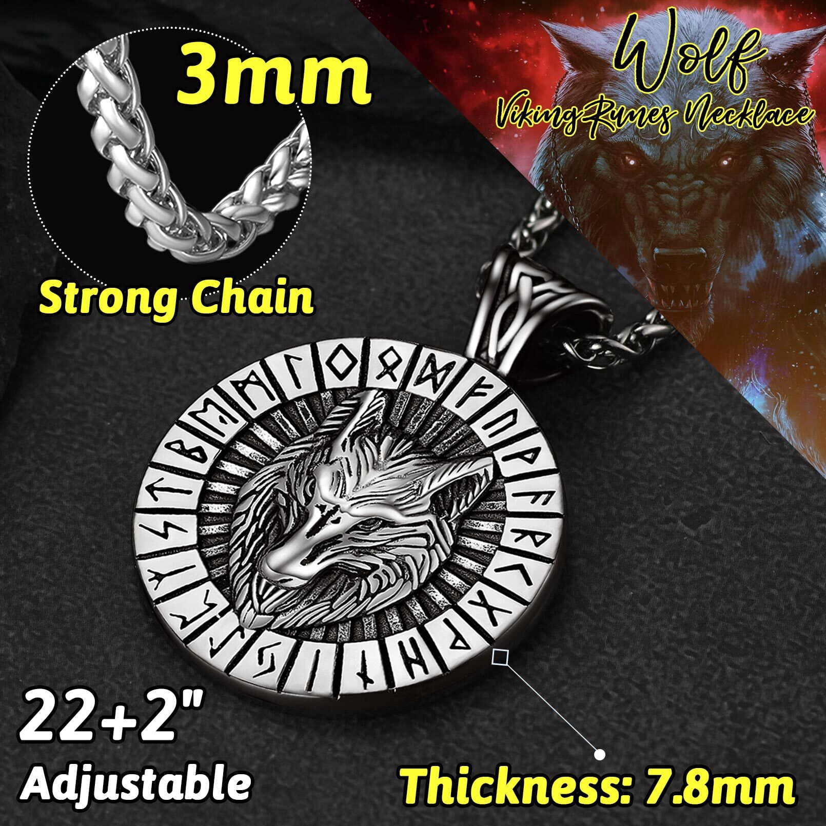 Pendentif Viking Loup Fenrir Et Arbre De Vie Yggdrasil En Acier Inoxydable Avec Motifs Nordiques - Vikings & Co