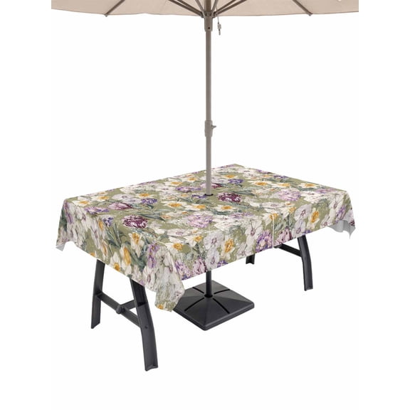 Outdoor Tablecloths with Umbrella Hole & Zipper, Dark Sage Green Botanical 54x80 Inch Tablecloth Rectangle, Spring Floral Summer Botanical Retro Waterproof Table Cloth, Patio/Pool Table Covers
