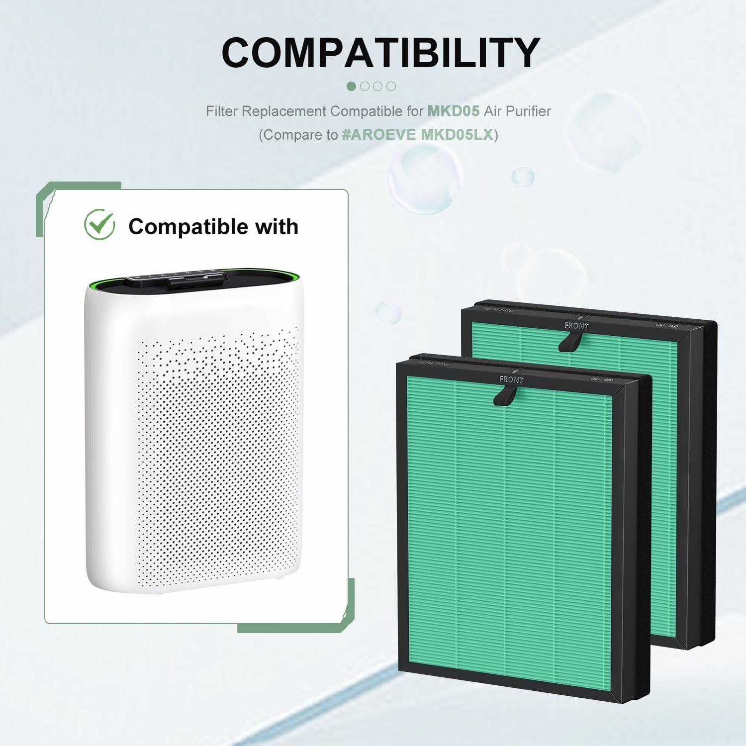 MKD05 Air Filter Replacement, Compatible with AROEVE MKD05 Air Purifier, 4-in-1 High-Efficiency HEPA Filter, True HEPA Filter with Activated Carbon Filter, 2 Pack (MKD05-Green-2Pack)