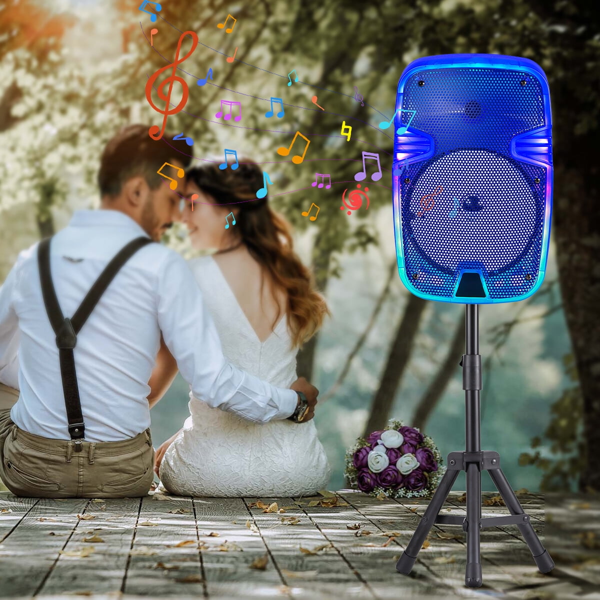 Portable Bluetooth Speaker 8" Woofer w/ Tripod Stand Microphone Remote Control Blue LED, Clear Shell