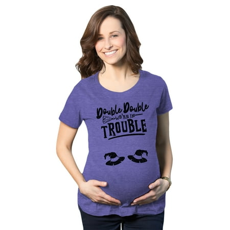 

Maternity Double Double Were In Trouble Tshirt Funny Halloween Twins Tee (Heather Purple) - S
