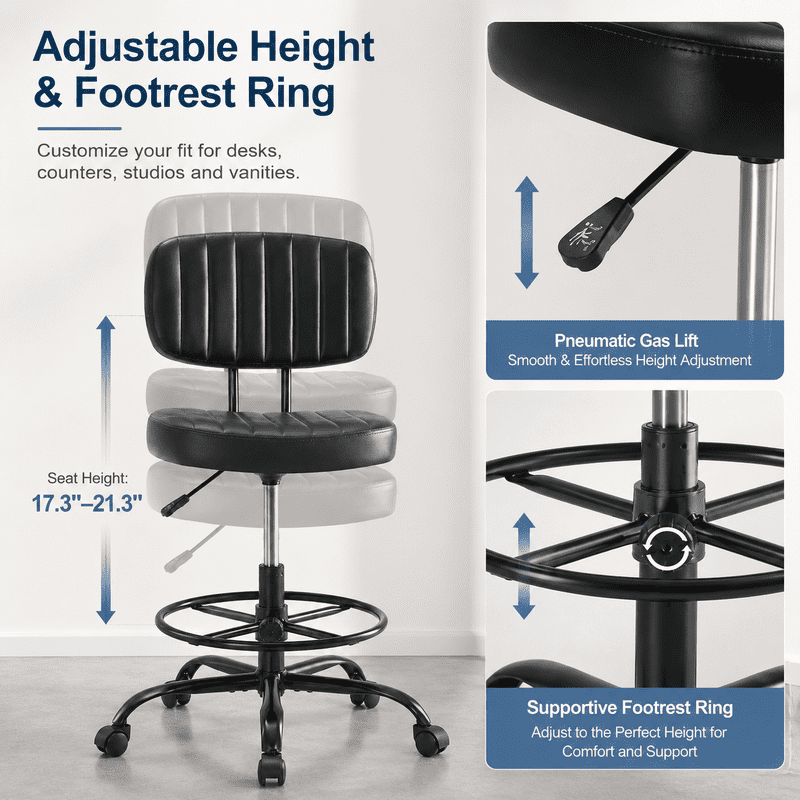 Simple Deluxe Armless Drafting Chair with Footrest, PU Leather, Black