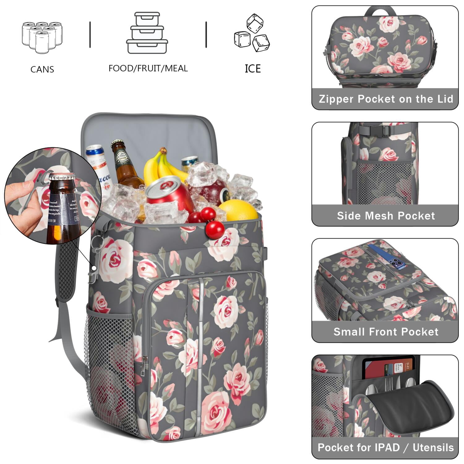 Travel Cooler Bag - Pioneer Flower Floral Print Pattern Camping Beer Cooler Backpack with Bottle Opener- Waterproof Insulated Picnic Backpacks - Cooler Bag for Beach