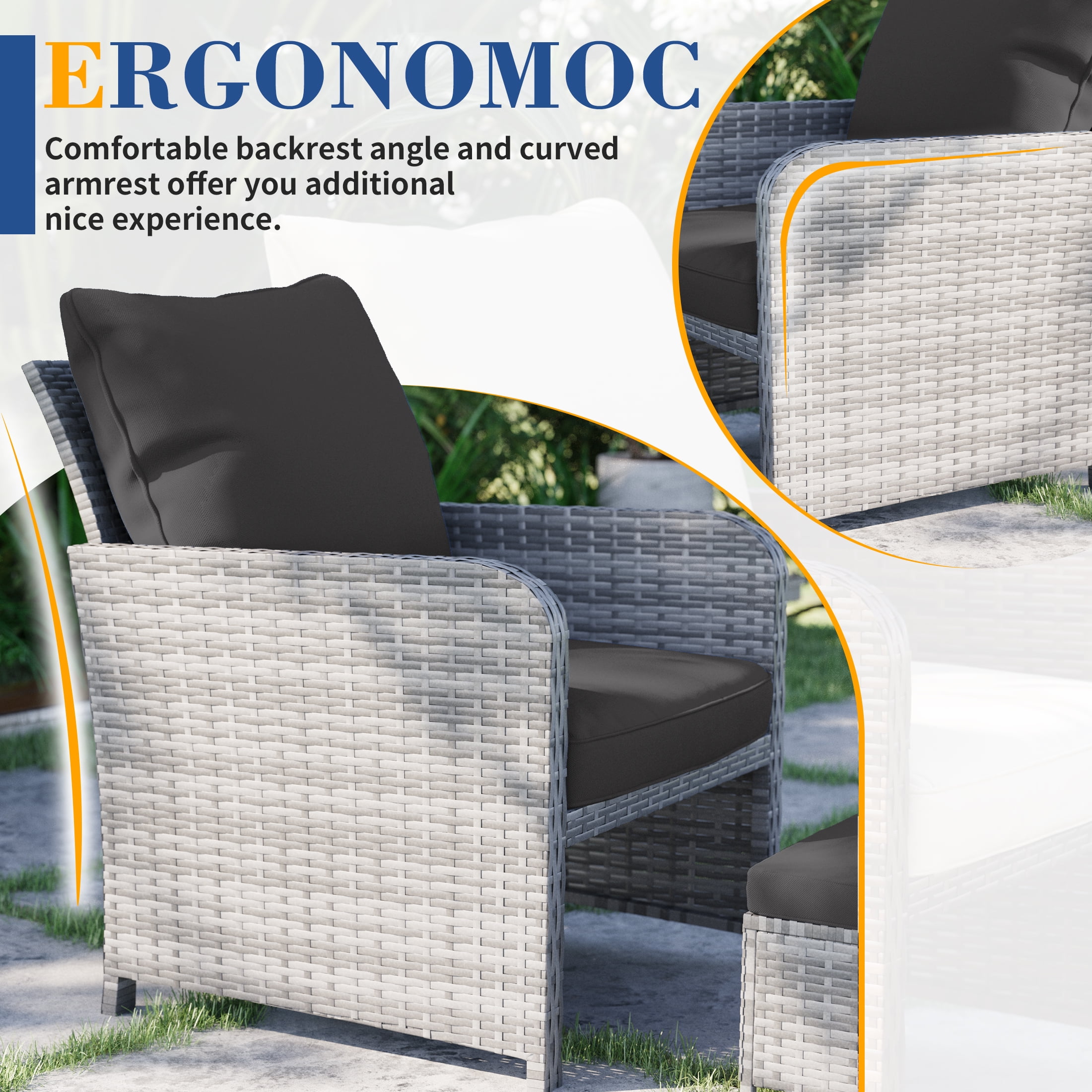 Poteban Gray Rattan Outdoor Seating 5-Piece Set,Outdoor Patio Chair with Ottoman for Front Porch Deck,Wicker Lounge Chair with Side Table, Black