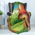 thumbnail image 4 of Mushroom Soft Flannel Fleece Throw Blanket, Shroom House Land Mountain Daisies Surrounding Woods Mountain, Cozy Plush for Indoor and Outdoor Use, 60" x 80", Scarlet Pale Brown Green, by Ambesonne, 4 of 5