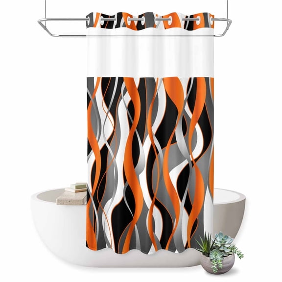 No Hook Shower Curtain with Built-in Rings - Orange Black Grey Abstract Stripe Washable Waterproof Fabric Bathroom Curtains for Hotel,Rentals, Stall 54 X 78 Inch , Modern Twisted Lines