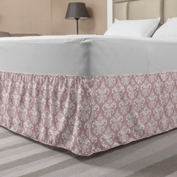 Pink Damask Bed Skirt, Monochrome Abstract Leaves and Floral Details Rhythmic Illustration, Elastic Bedskirt Dust Ruffle Wrap Around for Bedding Decor, 4 Sizes, Pale Salmon and White, by Ambesonne
