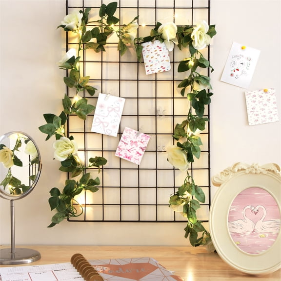 Urban Shop Indoor Rose Vine Garland with Lights and Photo Clips, Green, 8.5 ft