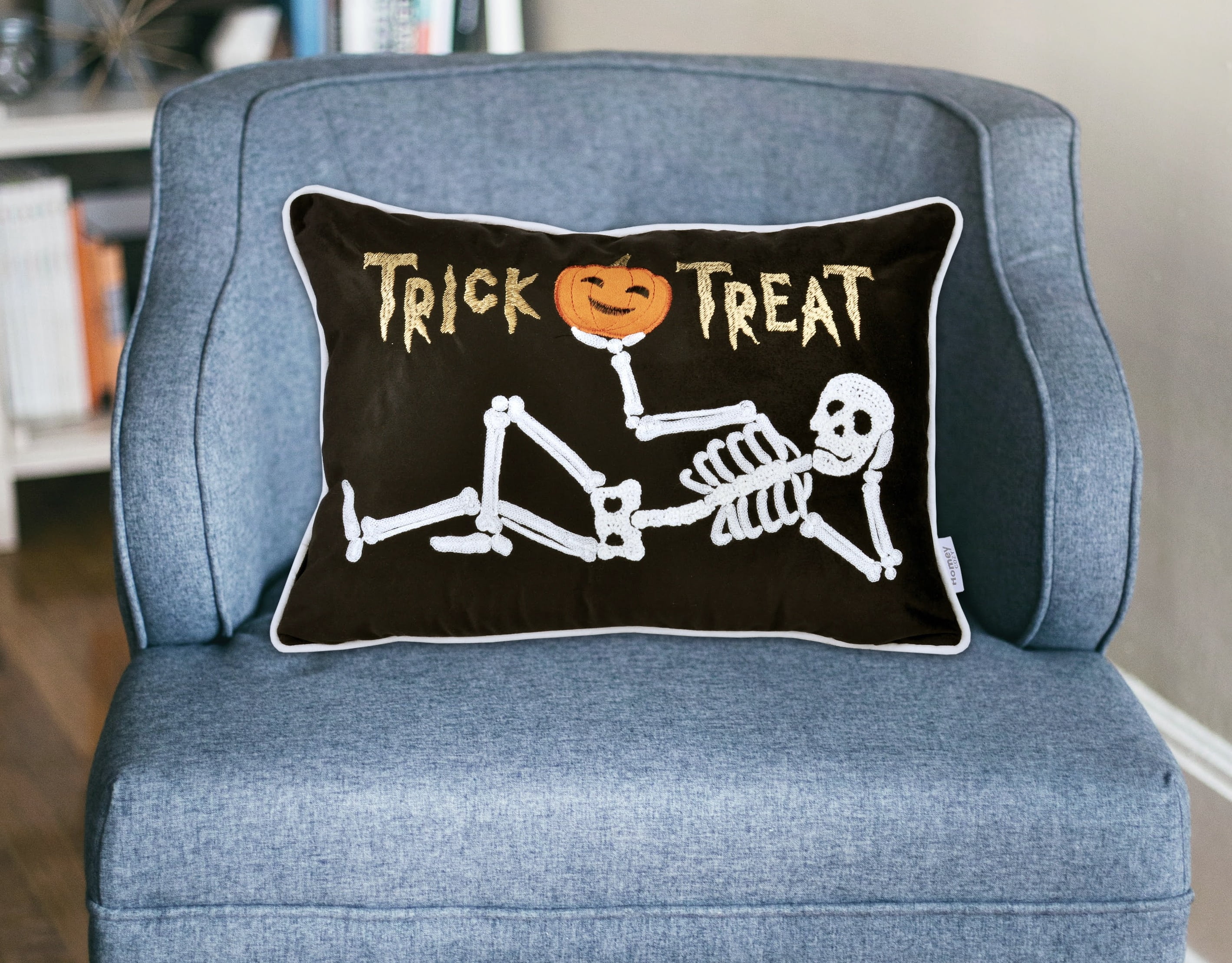 Trick or Treat Skeleton Embroidered Lumbar Throw Pillow 14x20 Inch Black Velvet for Sofa Bed Halloween Decor