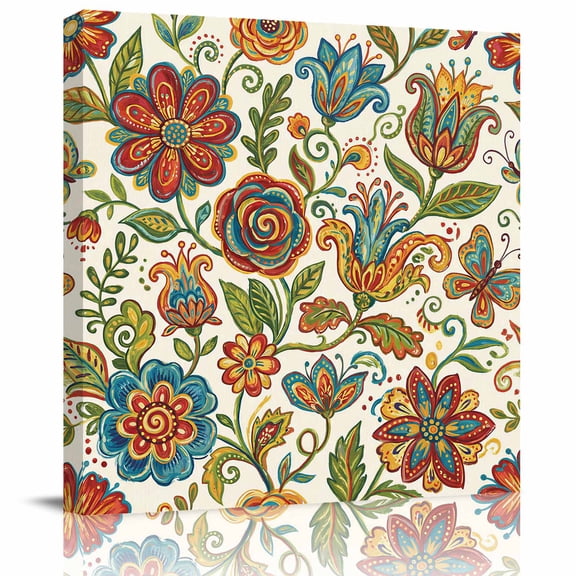 Framed Canvas Wall Art for Living Room Bohemian Flower Wall Decor, Boho Exotic Floral Pattern Aesthetic Paintings for Bedroom Office Kitchen Bathroom, Ready to Hang Artwork Wall Pictures 8x8 Inch