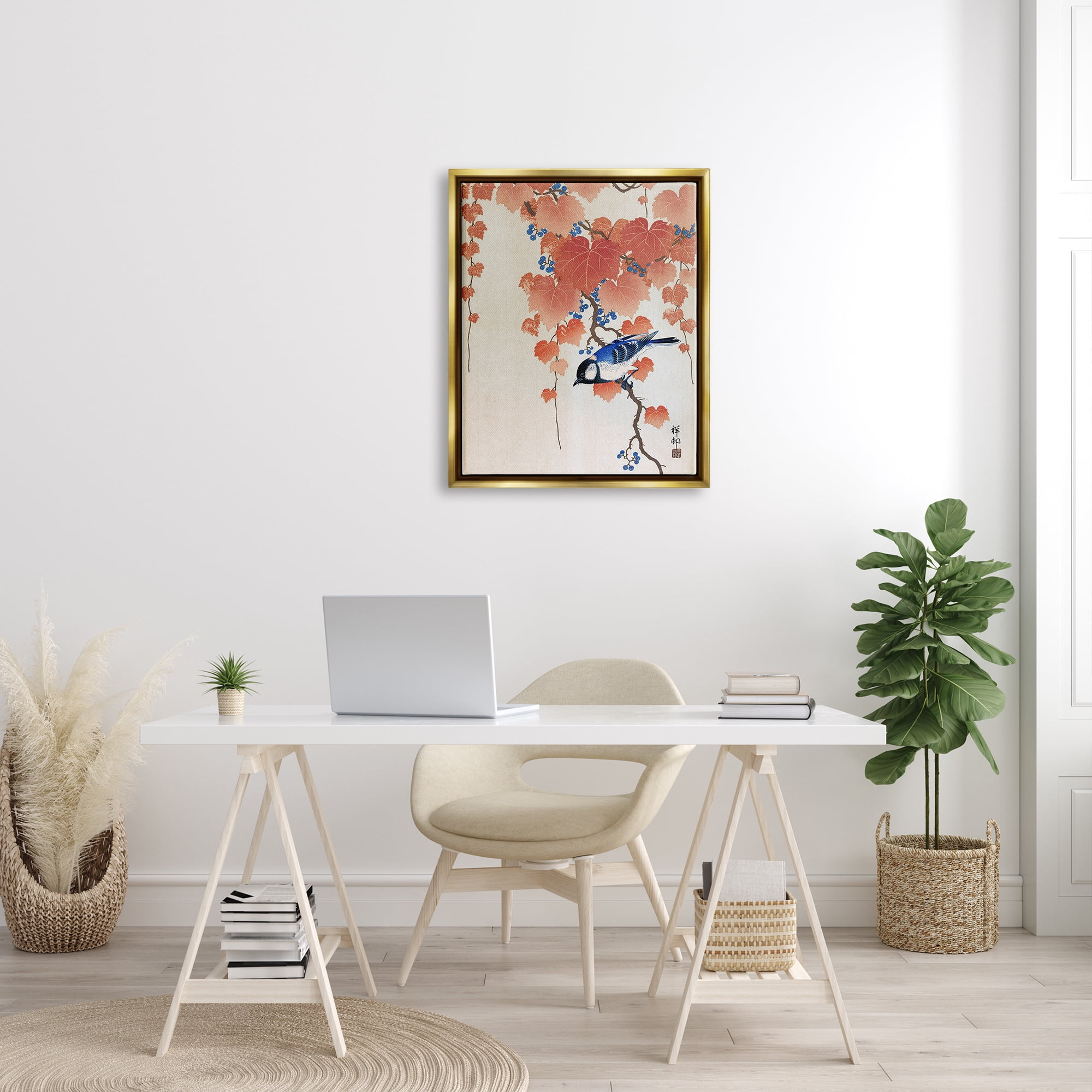 Stupell Industries Koolmees op Paulownia Tak Ohara Koson Classic Bird Painting Painting Metallic Gold Floating Framed Canvas Print Wall Art, Design by one1000paintings
