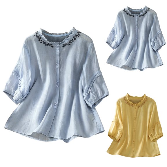 Women's Cotton Shirts Embroidered Cardigan Tops Summer Casual Loose Lightweight Outwear by Yigetop Blue L