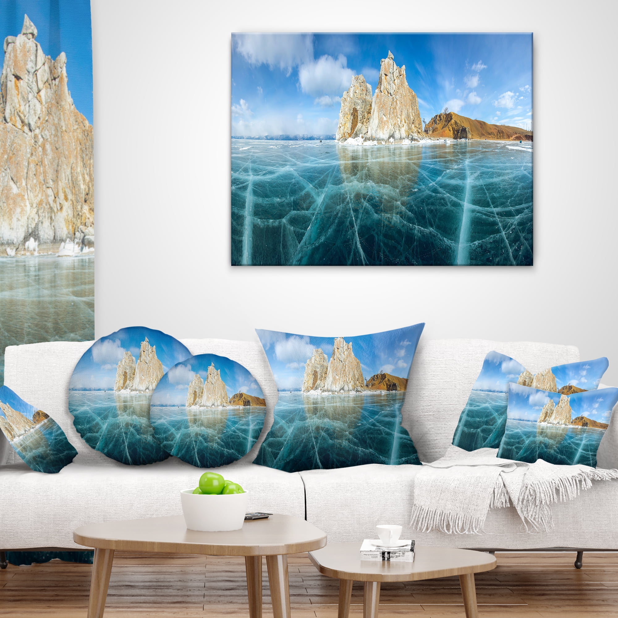 Designart Lake Baikal Ice and Rocks Panorama - Seascape Throw Pillow - 18x18