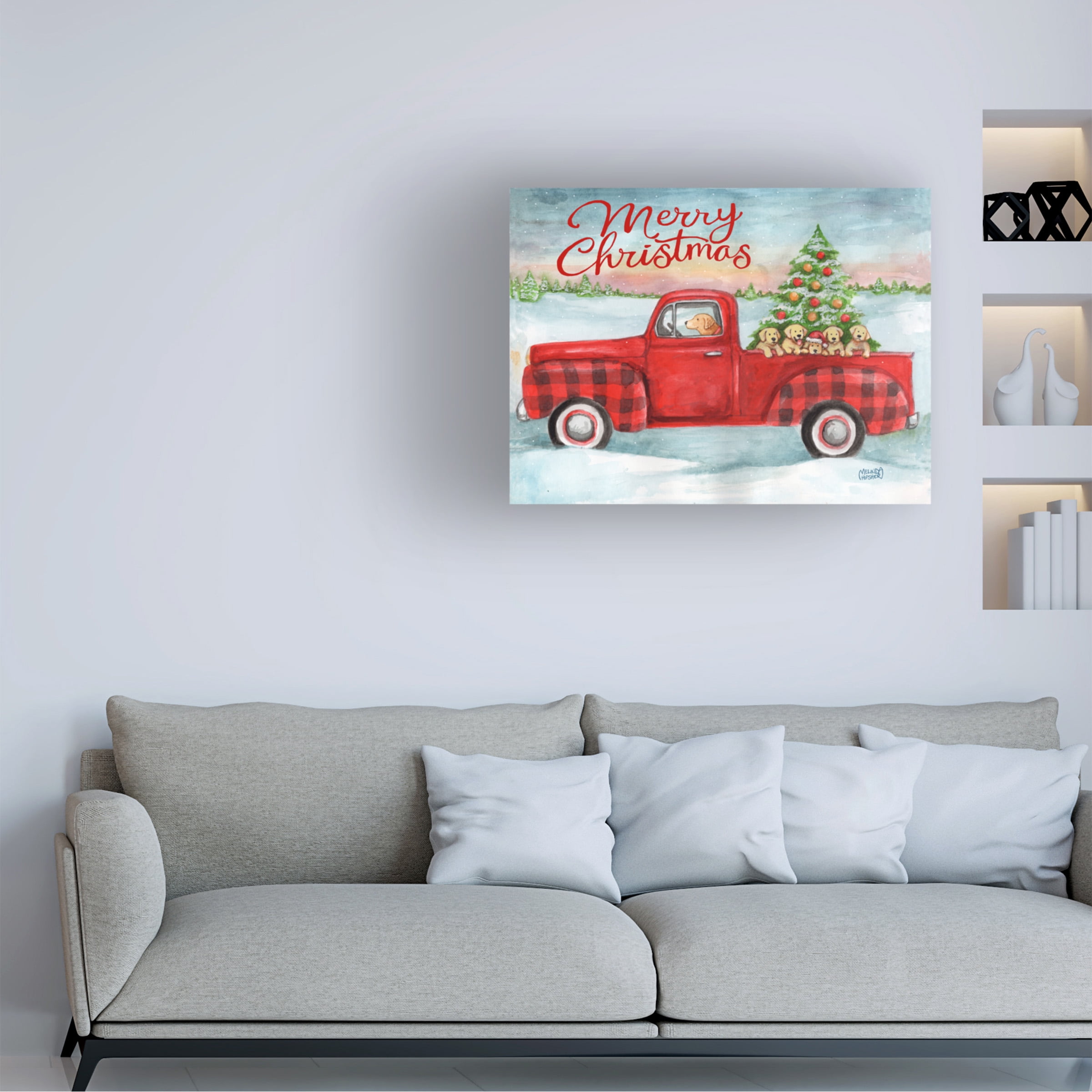 Melinda Hipsher 'Red Plaid Truck With Puppies Christmas' Canvas Art