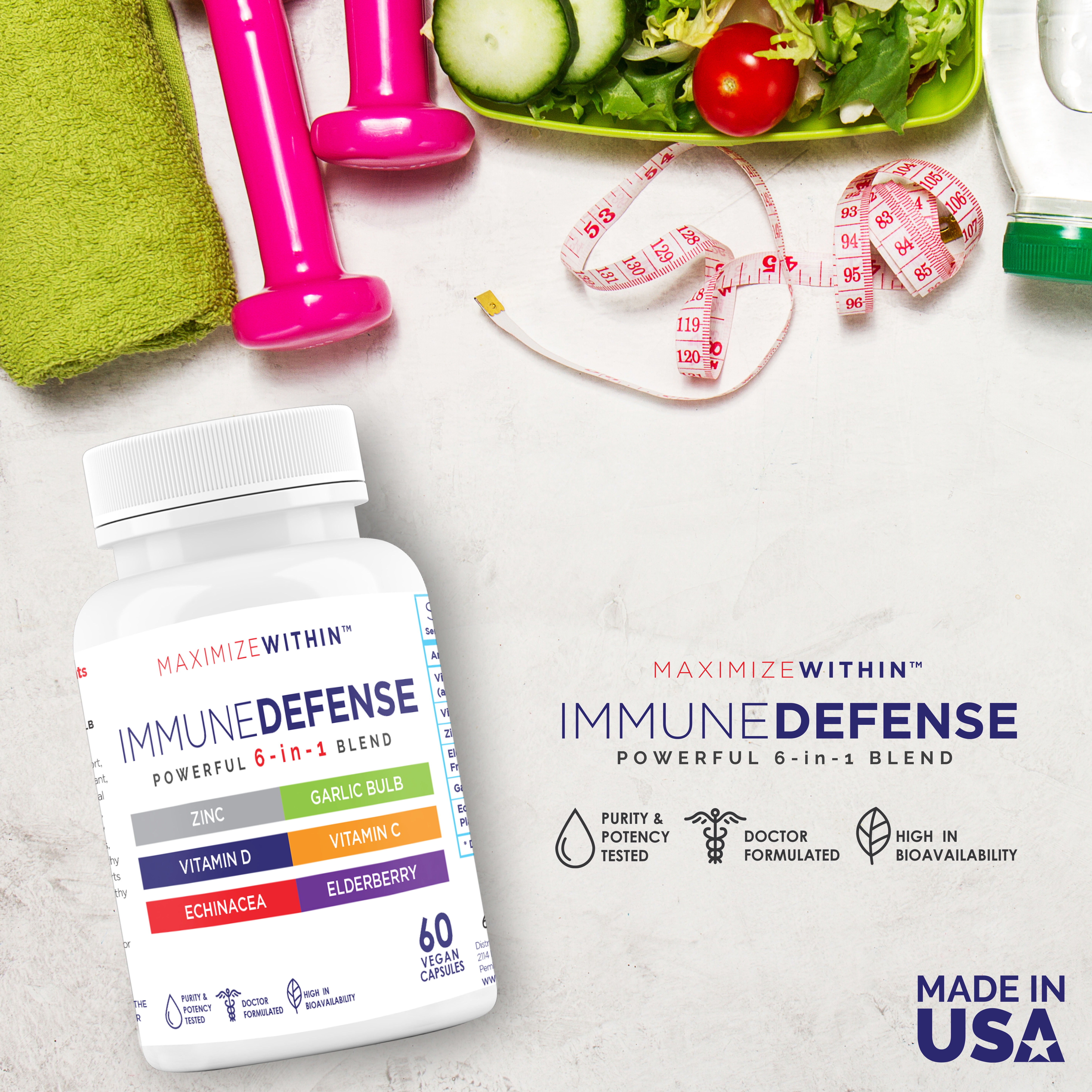 Maximize Within 6-in-1 Immune Defense with Zinc, Vitamin C, Elderberry, Vitamin D, Echinacea, & Garlic, 60 Count