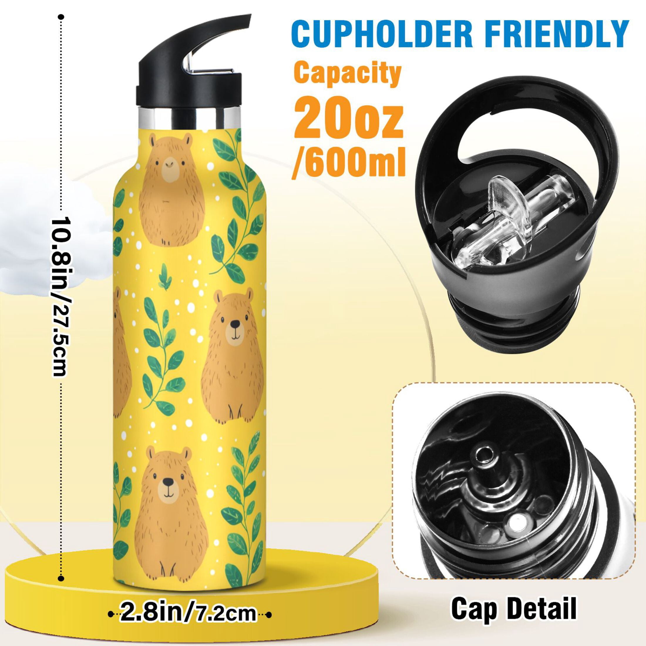 Kids Insulated Stainless Steel Sports Water Bottle 600ml (20oz) Capybara and Green Leaves