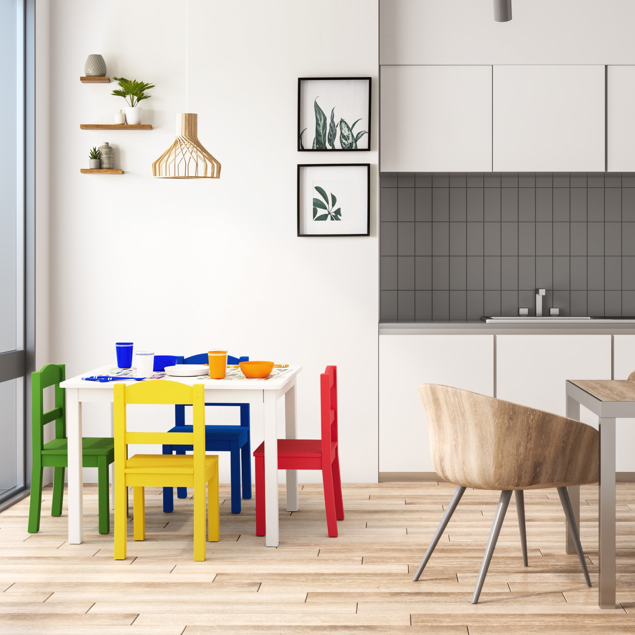 Humble Crew Kids 5-Piece Wood Table and Chair Set, White and Primary Colors