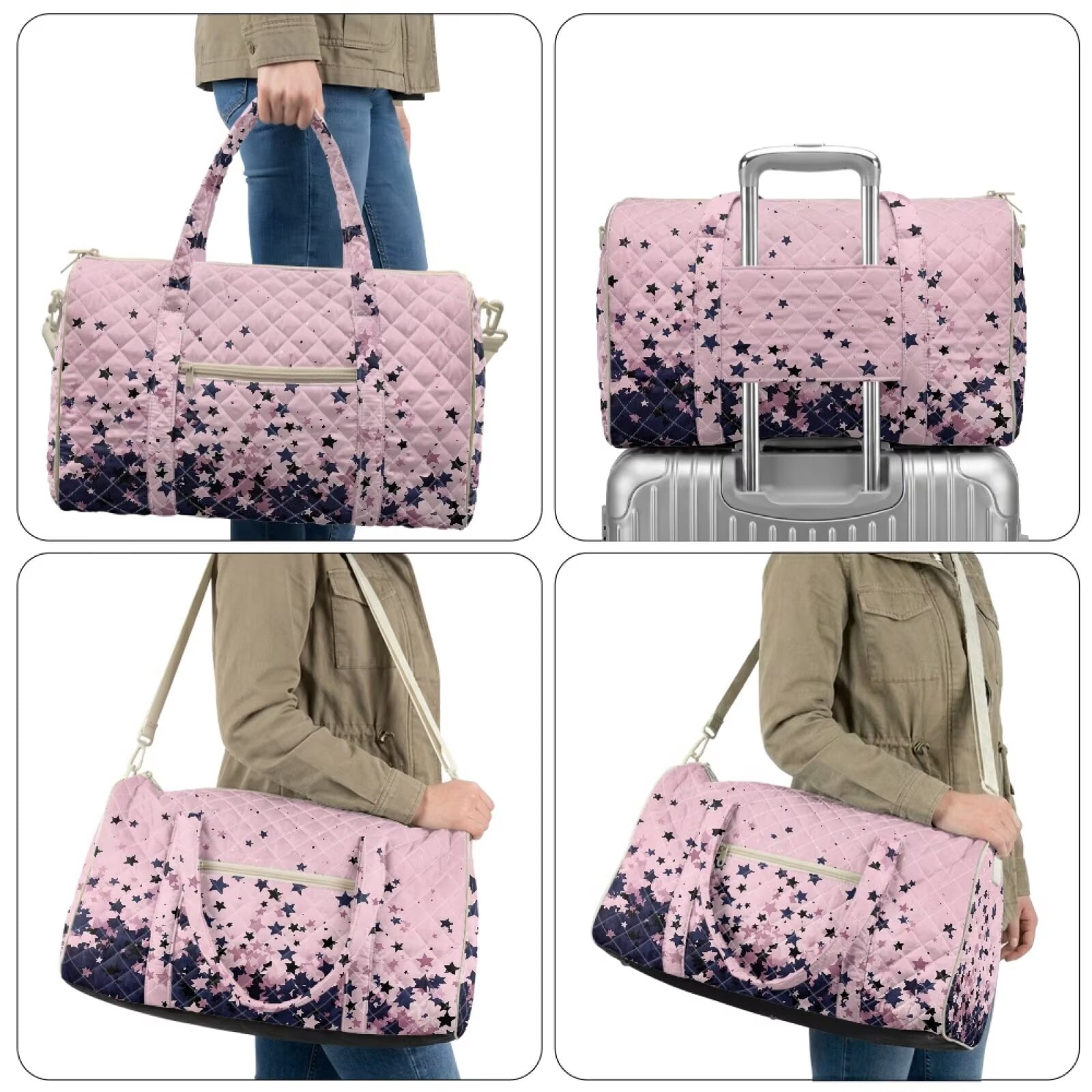 Chririnla Black Star on Pink Print Large Luggage Bag for Airplanes with Large Capacity & Separate Compartment, Travel Duffel Bags