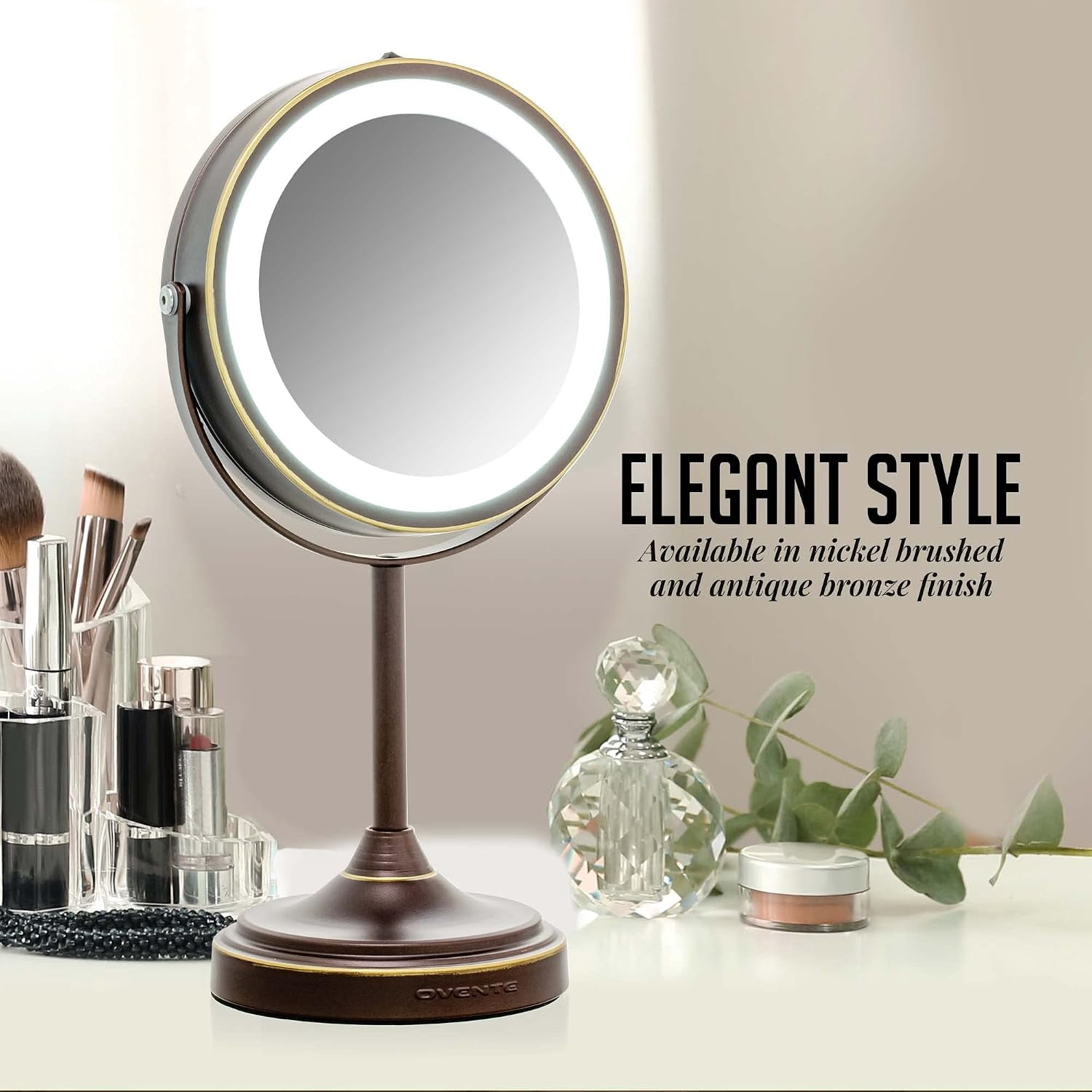 OVENTE 7" Rechargeable Lighted Tabletop Makeup Mirror with 1X/7X Magnification, Double Sided Magnifying Vanity Mirror, 360° Swivel Design, LED White Light and USB Plug, Antique Bronze MCTR70ABZ1X7X