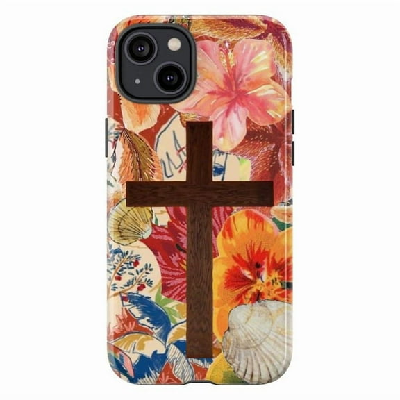 Christian Floral Cross Phone Case – Tropical Faith Design with Wooden Cross, Inspirational iPhone Cover for iPhone 16 15 14 13 12 11 Pro Max Plus Mini