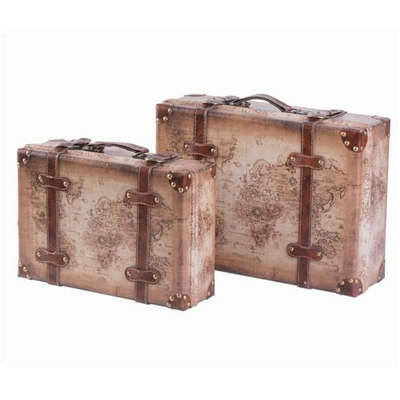 Vintage-Style World Map Leather Suitcase Trunks with Straps & Handle - Set of 2
