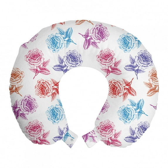 Floral Travel Pillow Neck Rest, Rose Petals Romantic Blossoming Nature in Digital Style Pattern Display, Memory Foam Traveling Accessory Airplane and Car, 12", Multicolor, by Ambesonne