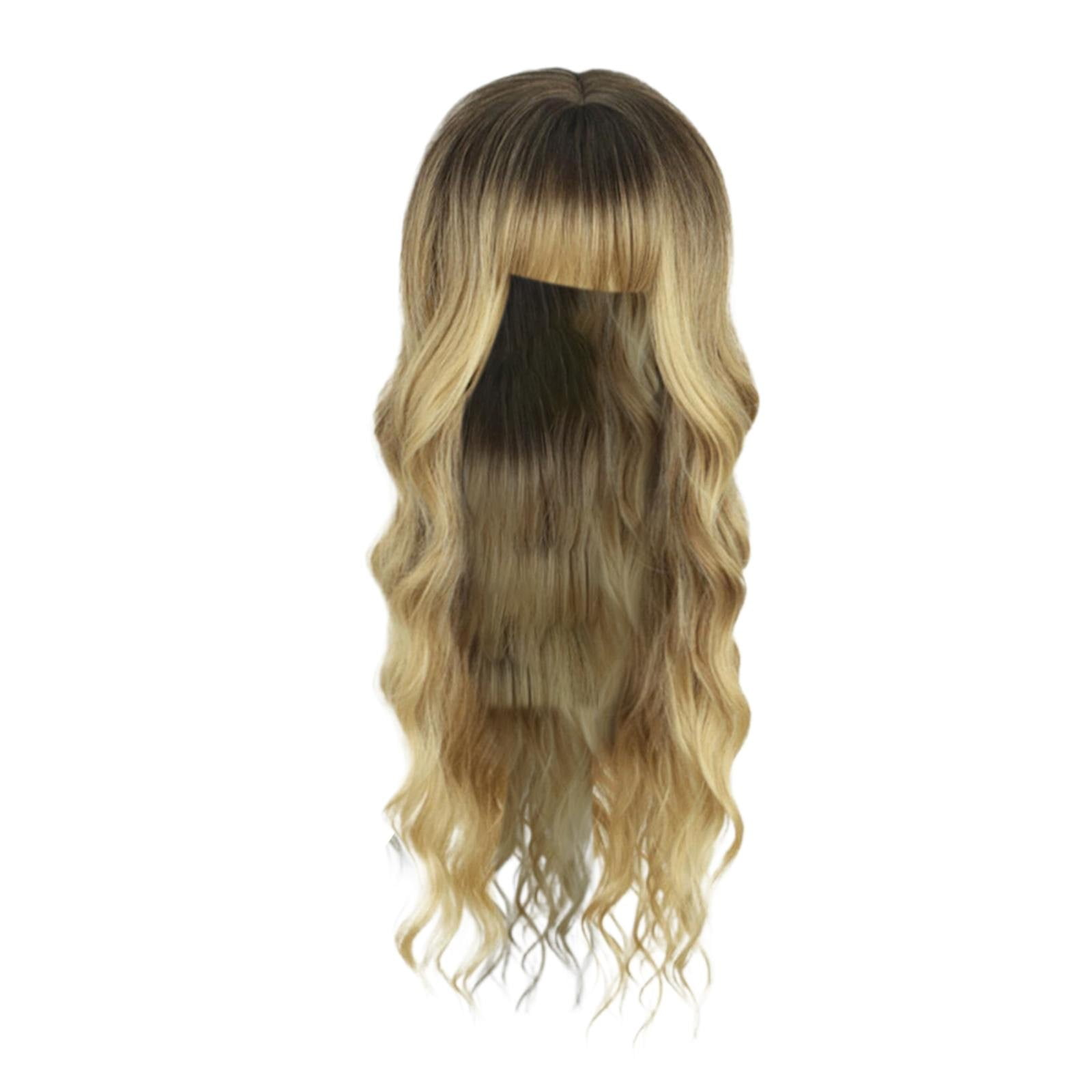 Long Ombre Blonde Wig with Bangs, Dark Roots for Women Wavy Curly Natural Looking Heat Resistant Synthetic Fiber Wigs, C, 10.9oz, 26inch