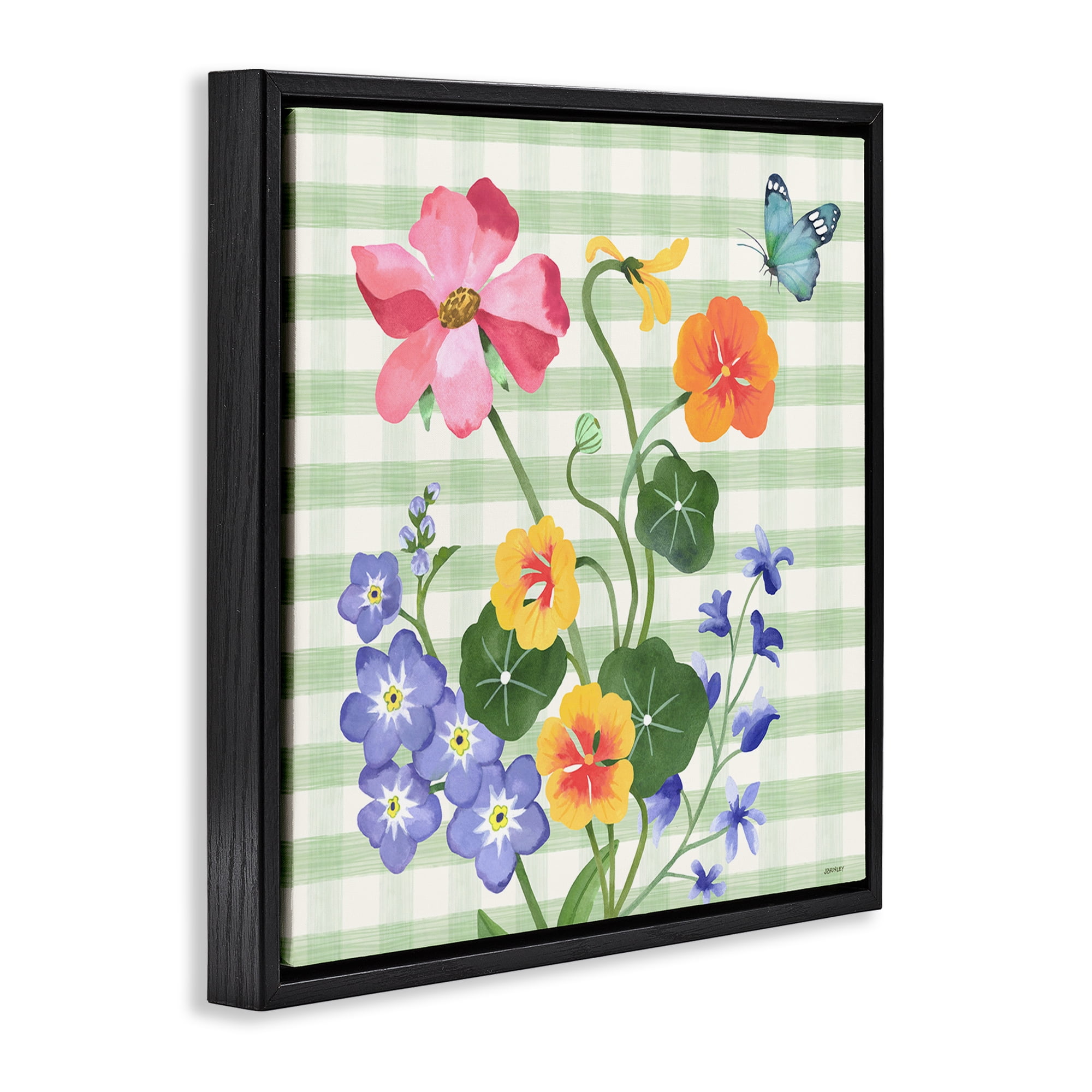 Stupell Industries Gingham Garden Flowers Botanical & Floral Painting Black Floater Framed Canvas Art Print Wall Art, 18 x 18