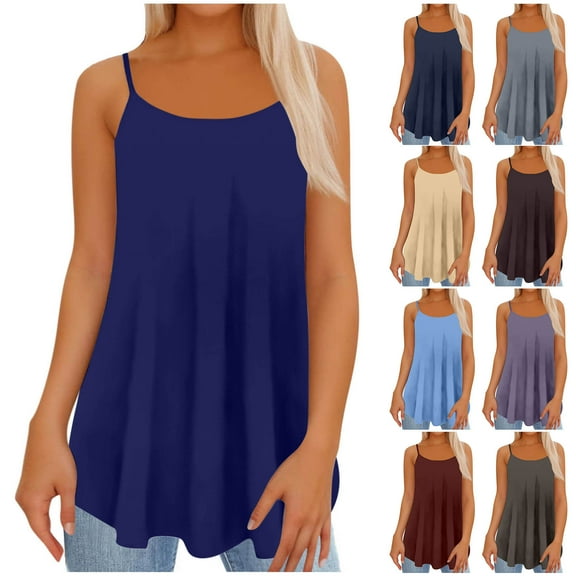 USSUMA Womens Tops Womens Tank Tops Sleeveless Round Neck Camisole Cold Shoulder Solid Color Plus Size Tops for Women Vintage Tee Breathable T-Shirt Climbing Navy Sale Tank Top for Women S
