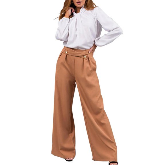 Women's Criss-cross High Waist Wide Leg Dress Pants Button Pleated Office Casual Trousers