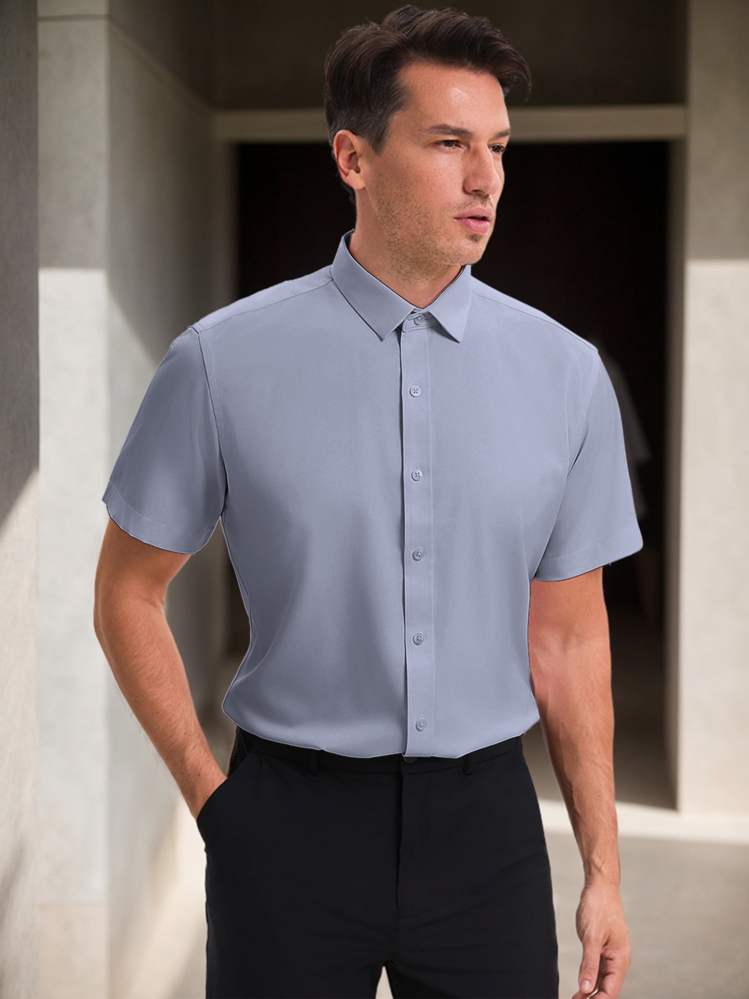 Unique Bargains Men's Short Sleeve Lightweight Business Formal Button Down Shirt S Gray