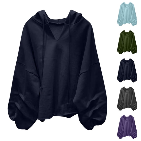 Jinhomg Womens Loose Fit Sweatshirts Fall Dressy Casual Solid V-Neck Hoodie Oversized Comfy Long Sleeve Drawstring Hooded Sweatshirt Blue XL