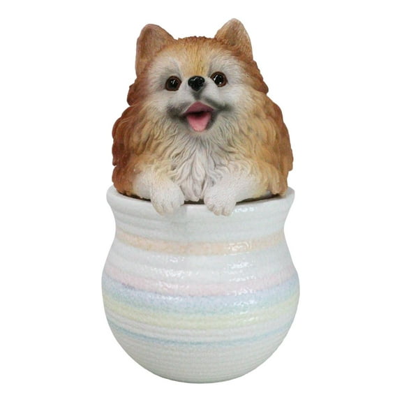 Pet Pomeranian Pom Pom Teacup Puppy Dog Figurine With Glass Eyes Pup In Pot