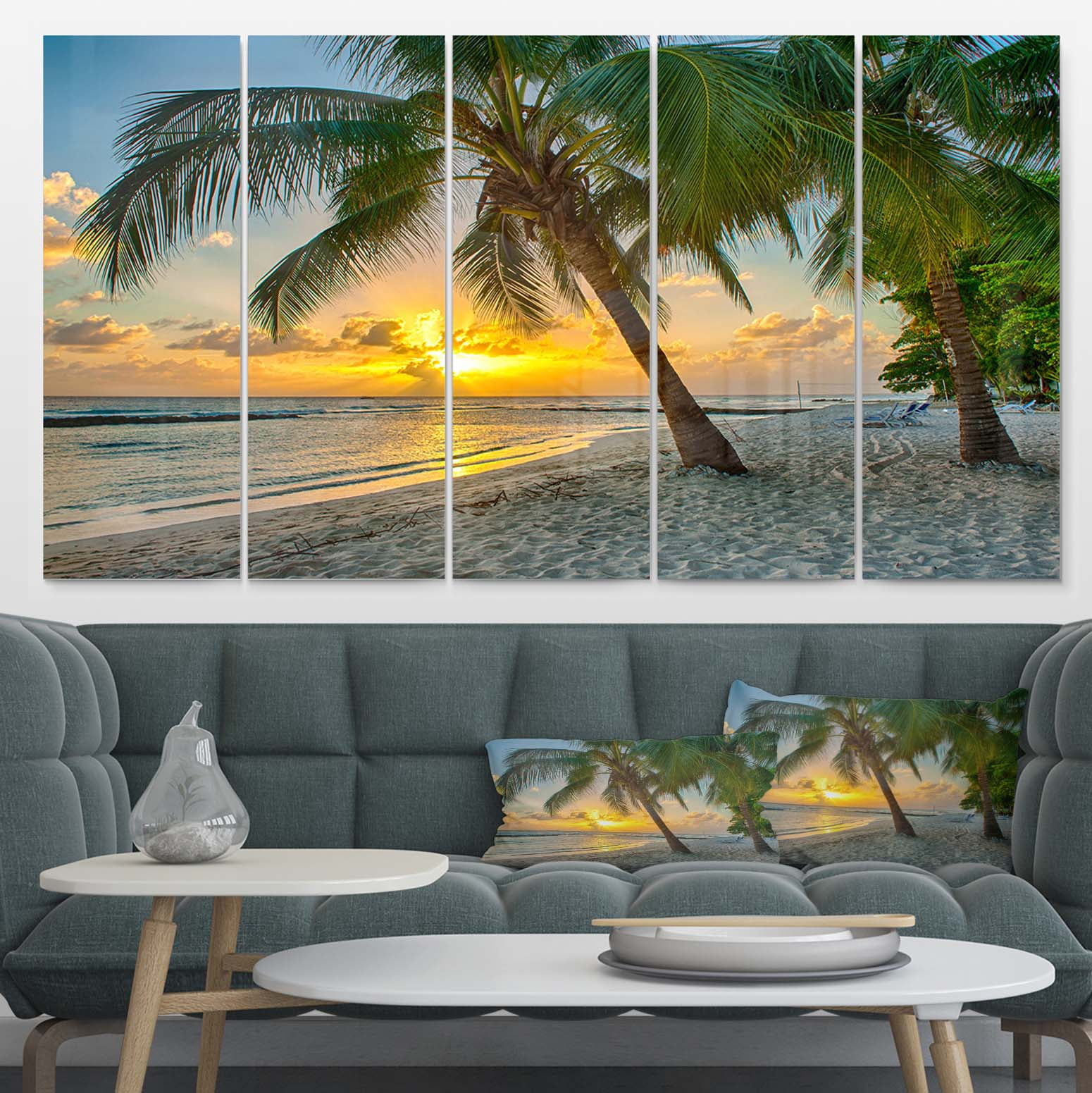 Beach in Caribbean Island of Barbados 28 in x 60 in Painting Art Prints, by Designart