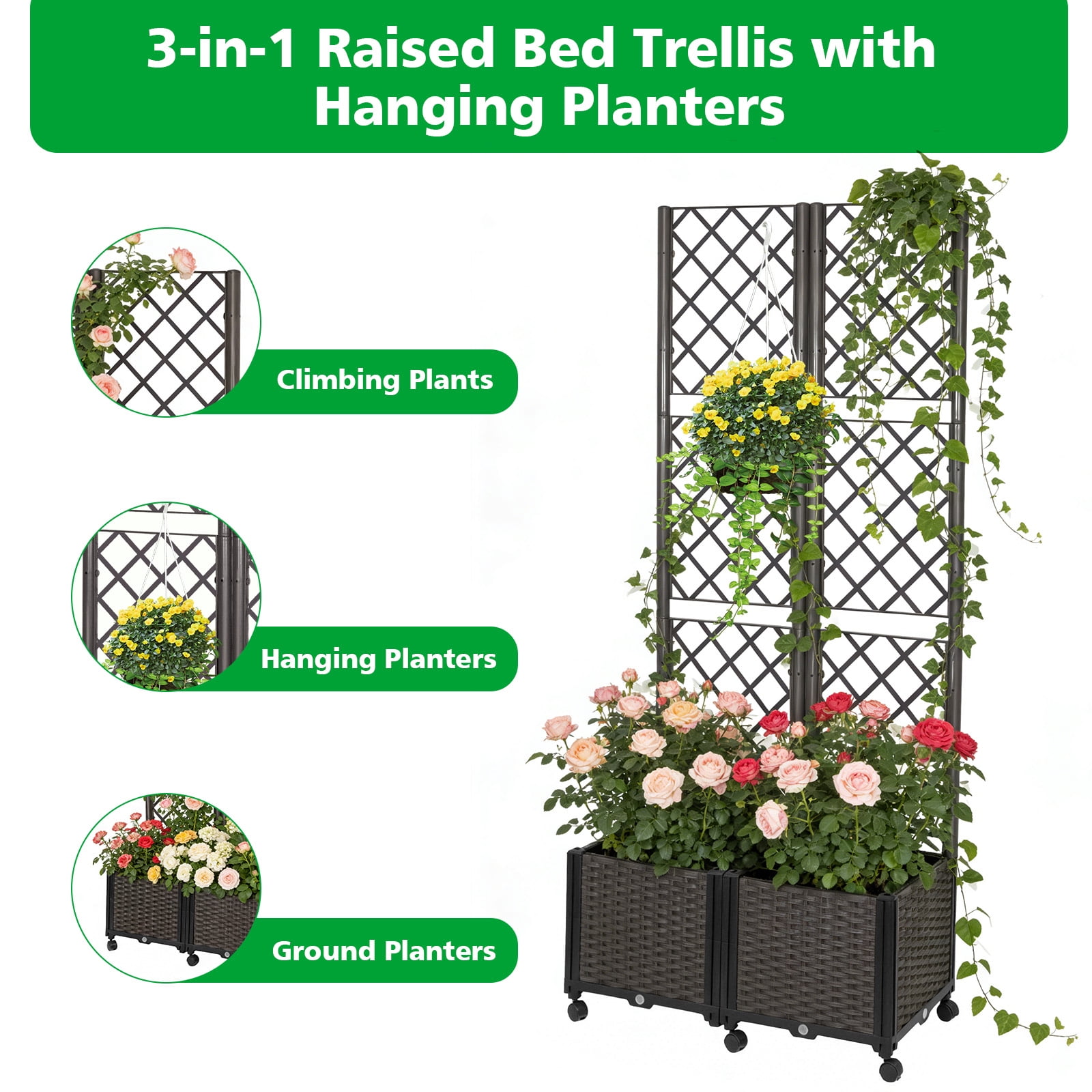 ROMUCHE Trellis Planter on Wheels, Self Watering Garden Planter Box with Drainage Hole for Climbing Plant Vegetable Flower