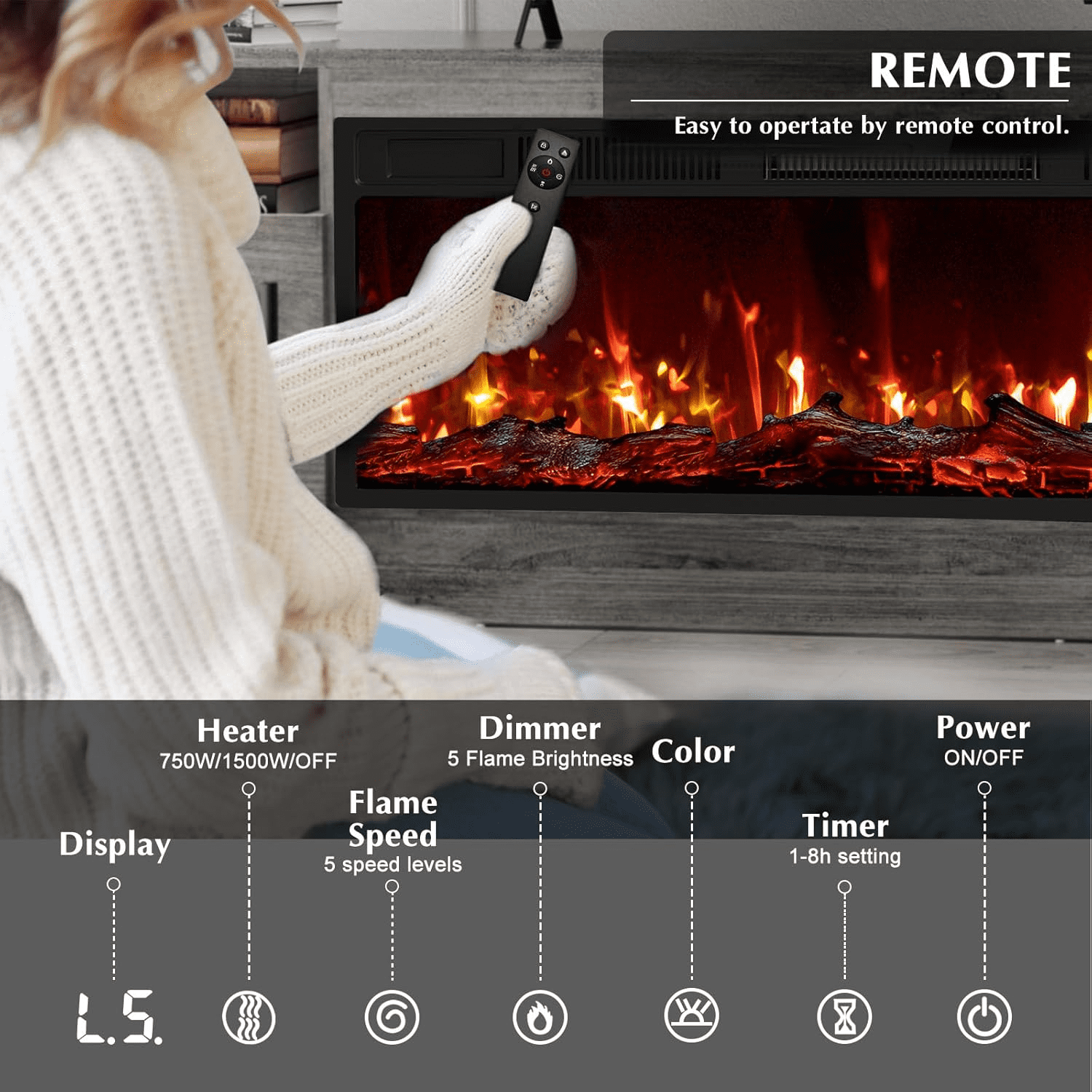 Waleaf Fireplace TV Stand Entertainment Center with 36" Fireplace, 70" Wooden TV Stand for TVs Up to 80", Gray