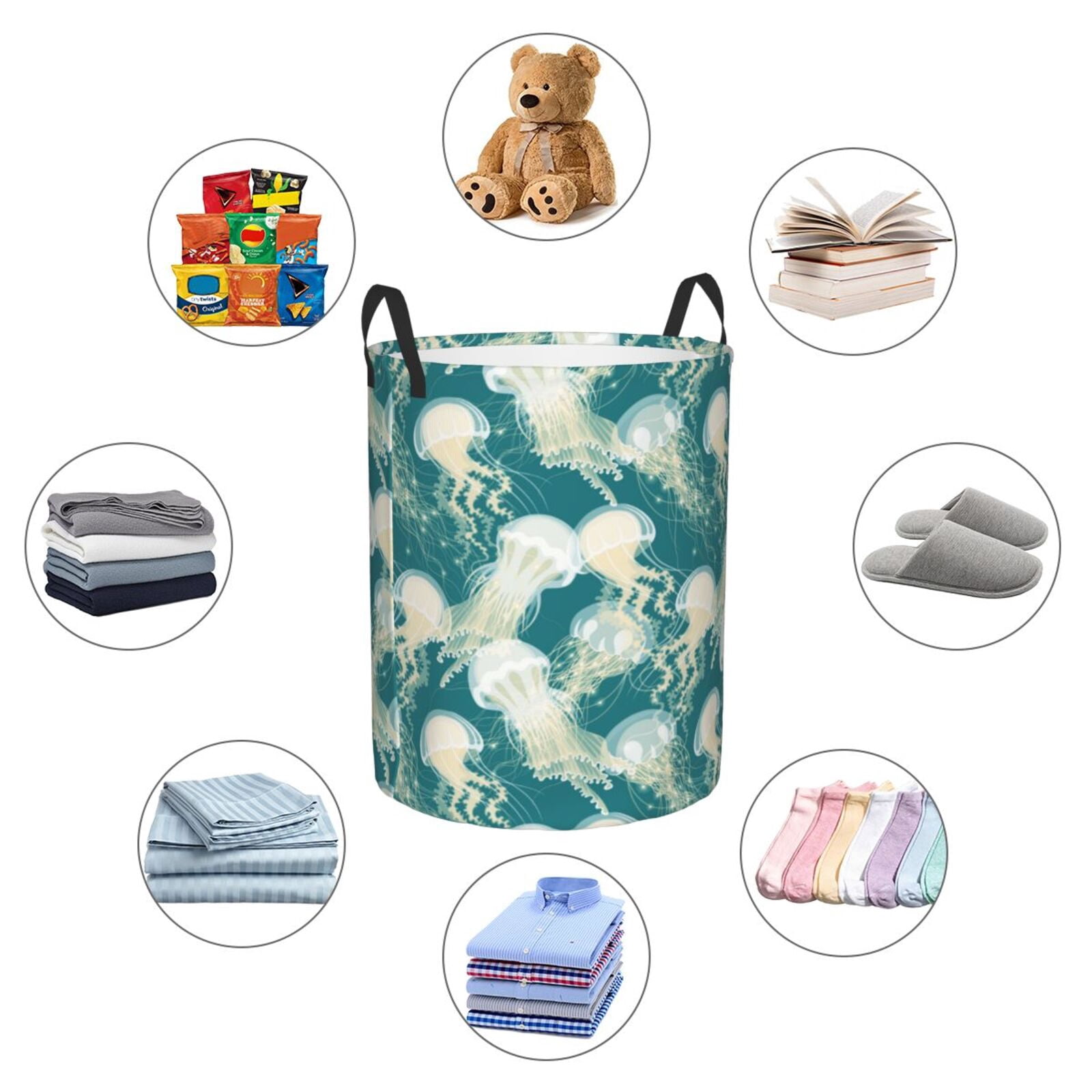 Large Laundry Basket with Handles - White Jellyfish Print Green Kids Baby Dirty Clothes Laundry Hamper for Bedroom Aesthetic