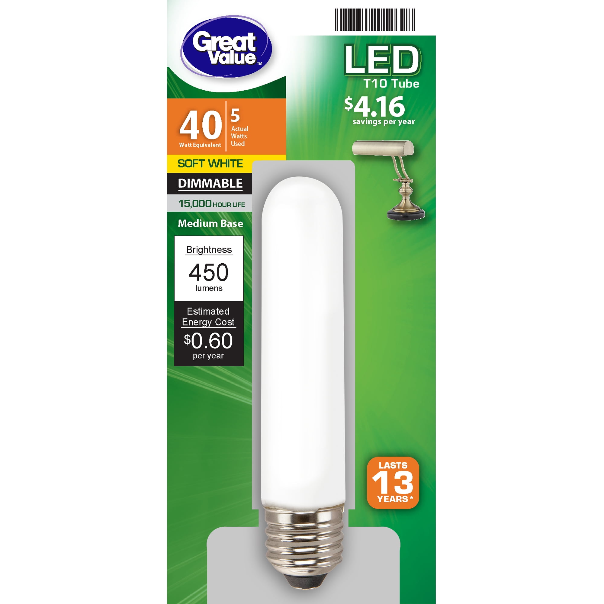 Great Value LED Light Bulb, 5 Watts (40W Equivalent) T10 Frosted Tube