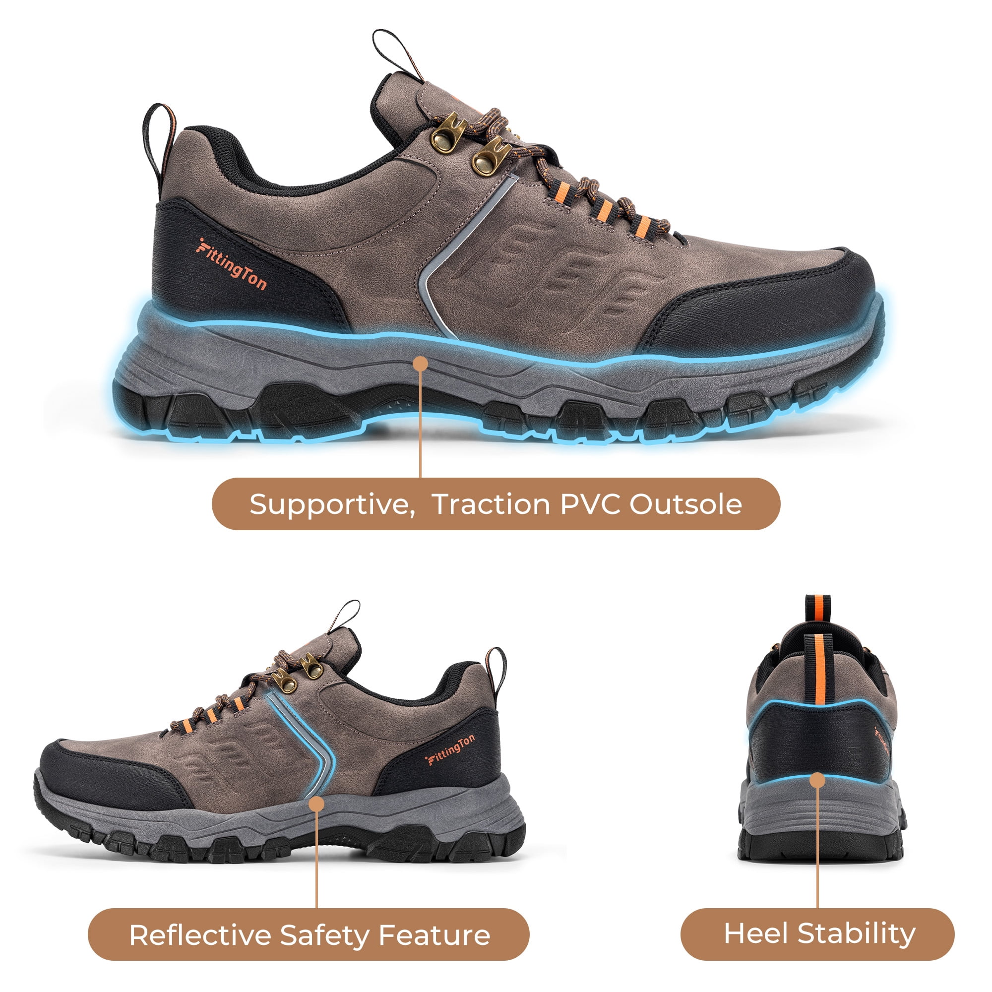 Fittington Men's Hiking Shoes Trekking Trails Outdoor Sneakers Walking Shoes with Arch Support, Reflective Safety Feature